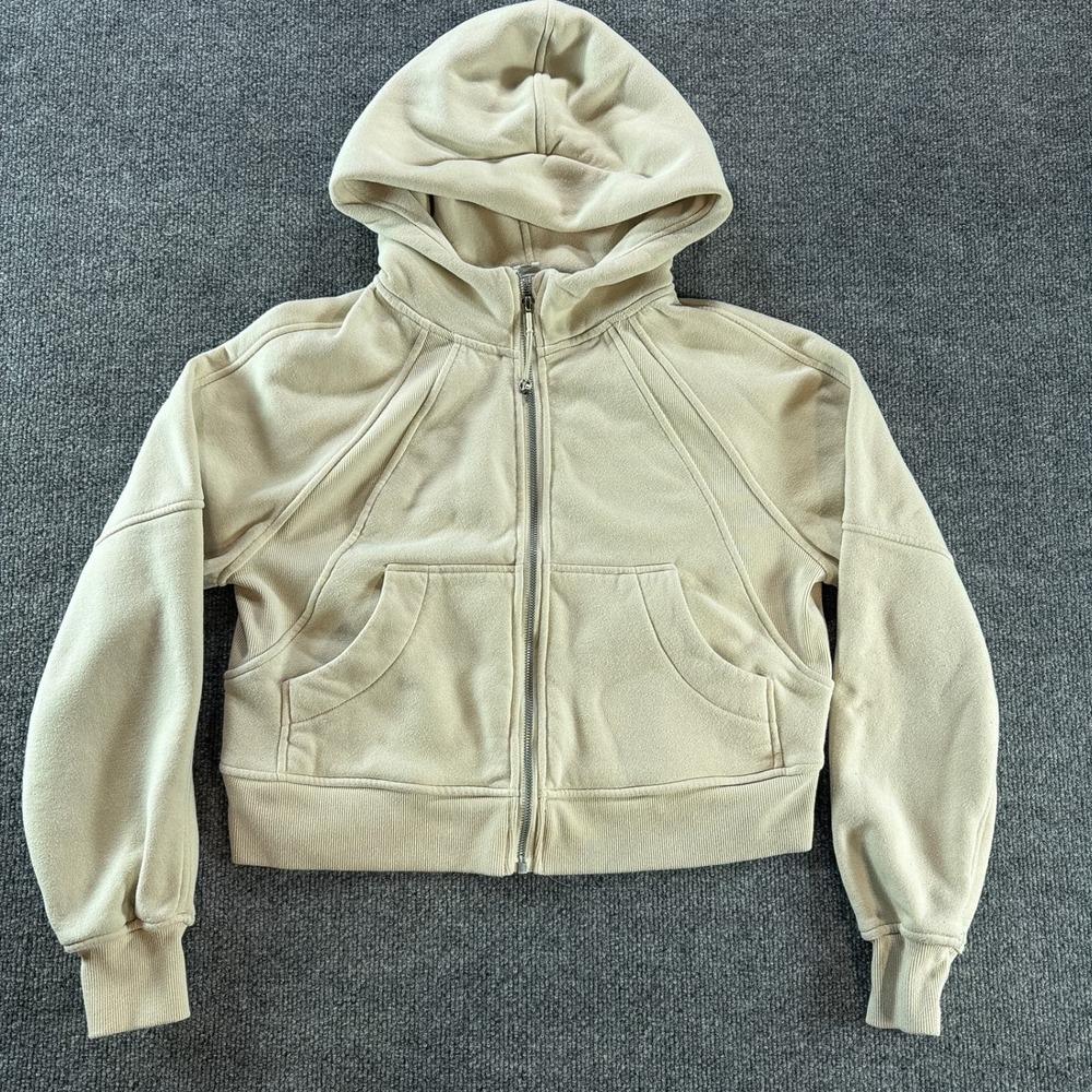 Better Together Women XS Beige Cropped Full Zip Hoodie Fleece Sweatshirt Fall